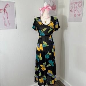 Vintage‎ 90s Watercolor Floral Black Short Sleeve Maxi Dress Sheer Womens S/M